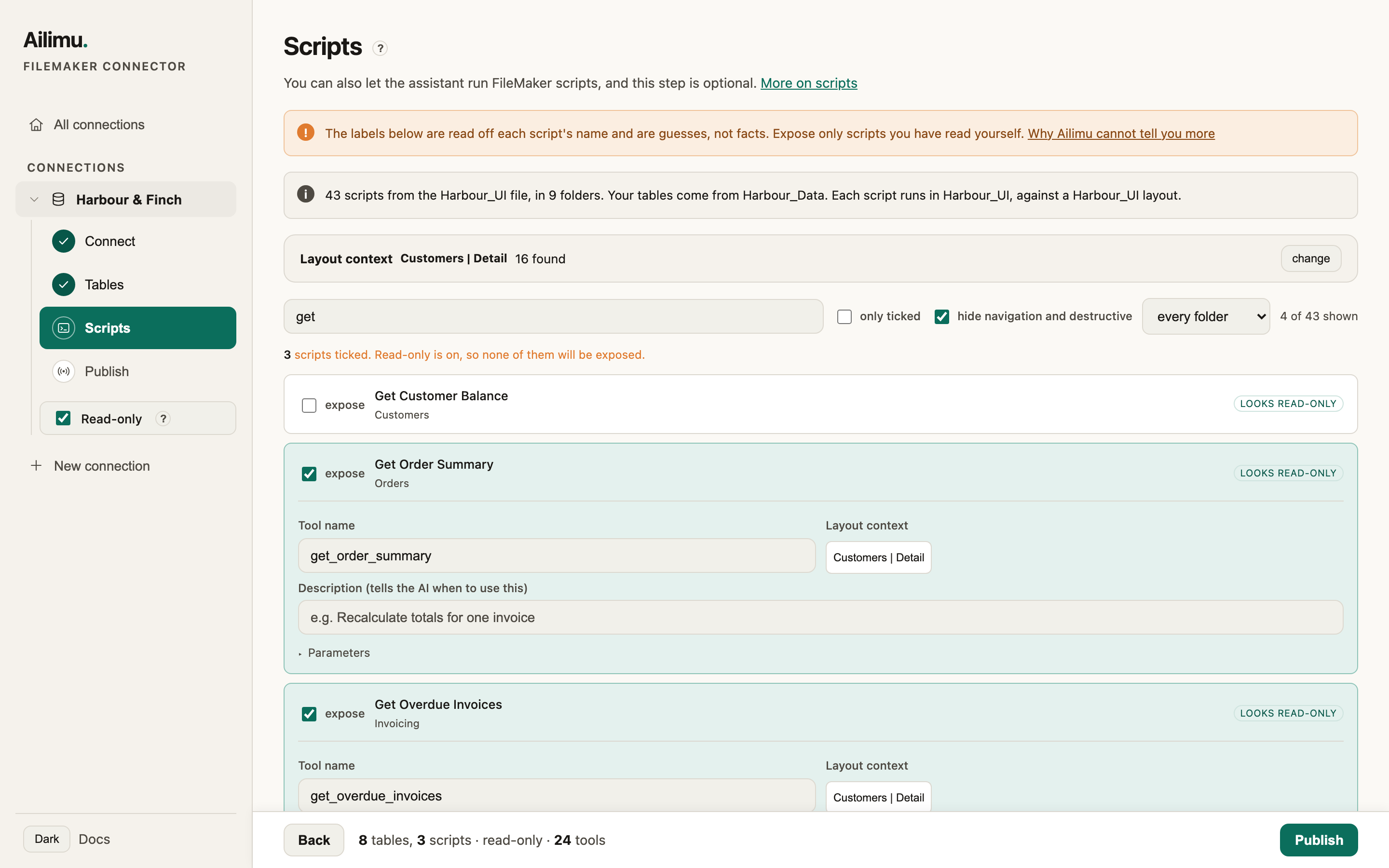 The Scripts step with three read-only scripts ticked.